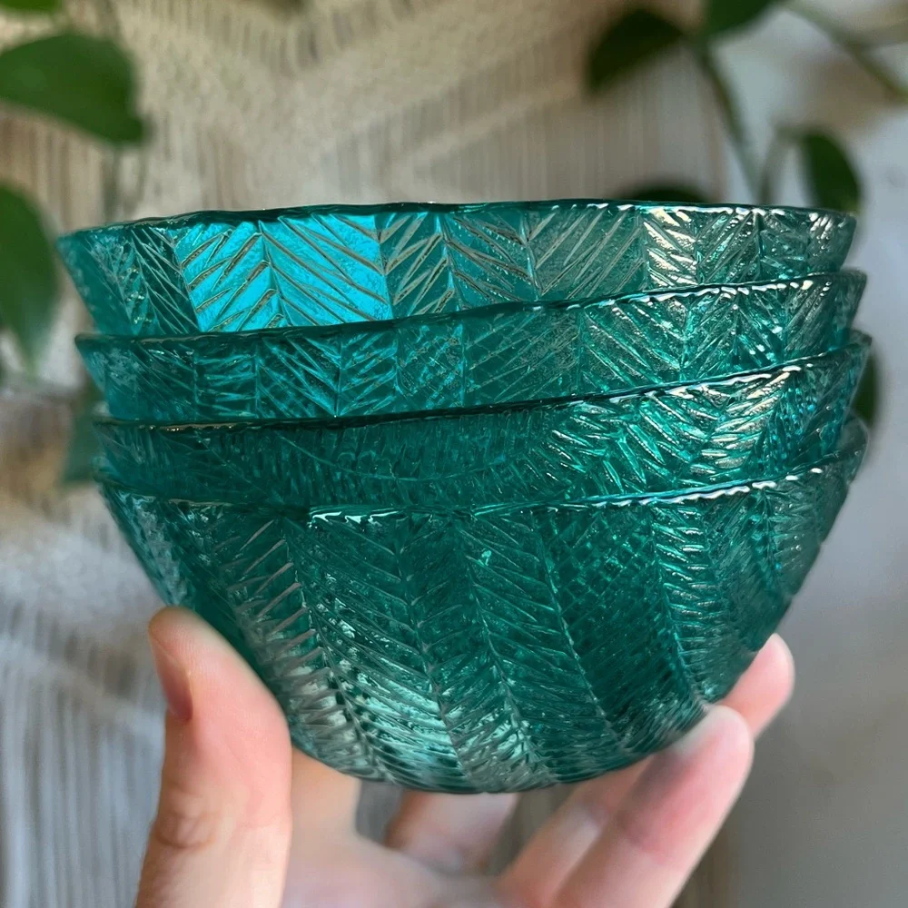 Set of 4 Vintage Teal Glass Bowls Leaf Pattern Dessert / Ice Cream / Berry Dish